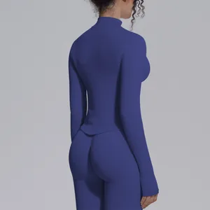 Detailed back view of a blue seamless high-elastic stand-collar yoga sports top for women
