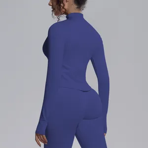 Detailed back view of a seamless blue high-elasticity yoga top with a mock neck