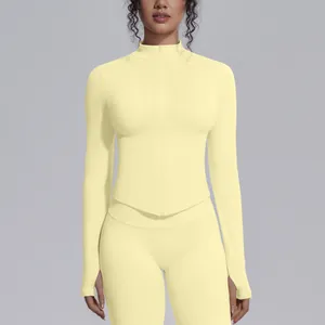 Pale yellow seamless high-stretch zipper sports jacket with thumb holes for yoga