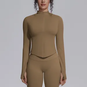 Detailed view of women's seamless stand-up collar yoga jacket with front zipper