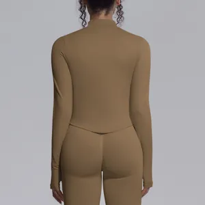 Back view of a seamless brown sports top and leggings set for yoga and fitness