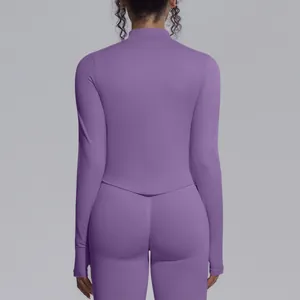 Close-up back view of seamless purple high-stretch stand-collar women's yoga jacket