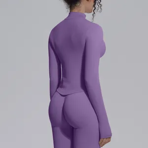 Back view of a purple seamless long-sleeve yoga jacket and high-elastic fitness set.