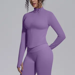 Close-up detail of a purple seamless zip-up athletic jacket with high stretch fabric