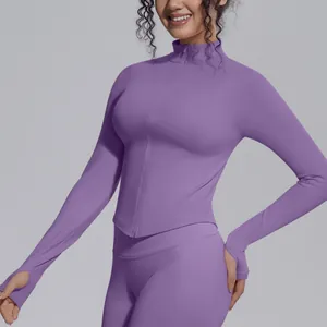 Detail view of seamless purple sports jacket with stand collar and zipper closure