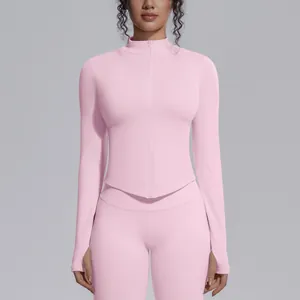 Slim fit seamless pink sports yoga jacket for women with stand collar and zipper detail.