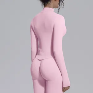 Back view of a pink seamless high-elastic yoga top with a breathable stand collar.
