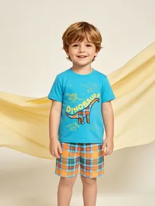 Boys Summer Cotton Short Sleeve T-Shirt And Plaid Shorts Two Piece Set Blue Dinosaur Printed Outfit For Kids Everyday