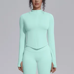 Professional seamless mint green zip-up yoga jacket with thumb holes for fitness women