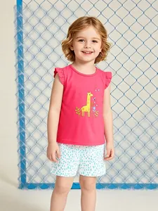 Ensemble de Vêtements d'Été en Coton pour Filles Haut Sans Manches à Volants et Short Imprimé Floral Broderie Girafe