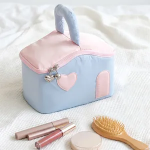 Trousse à maquillage mignonne en forme de maison bicolore avec tirette de fermeture éclair