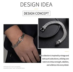 Detailed macro view and wearing effect of vintage punk stainless steel snake head bracelet.