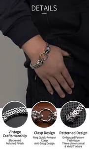 Detailed view of vintage punk men's stainless steel bracelet with skull and animal head motifs.