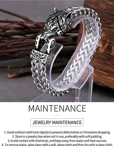 Macro view of retro punk stainless steel wolf head bracelet on a clear display stand