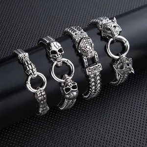 Mens Stainless Steel Bracelet Punk Gothic Mesh Chain Animal Wolf Snake Skull Head Biker Jewelry Vintage Retro Accessory
