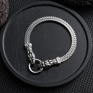 Vintage punk stainless steel snake head bracelet for men with silver metallic finish