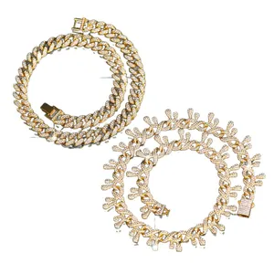Iced out thorn and Cuban link chain necklace set in gold finish with rhinestones