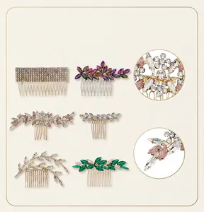 Detailed view of vintage crystal bridal hair combs with intricate rhinestone patterns