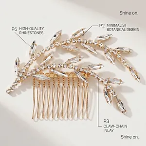 Detail of vintage bridal hair comb with botanical leaves and clear rhinestones