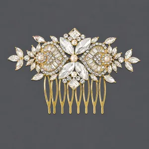 Vintage gold-toned bridal hair comb with intricate rhinestones and faux pearls