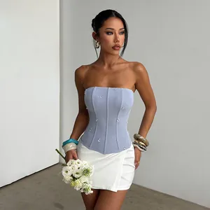 Top Corset Strass Sans Bretelles Baleines Ajusté Sexy Fête Boîte De Nuit Tube Top Femmes