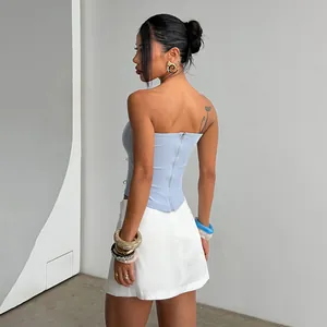 Haut de corset sexy bleu clair sans bretelles avec fermeture éclair pour femmes à la mode