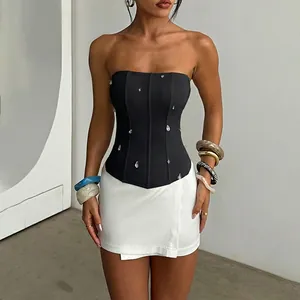 Top corset noir sexy sans bretelles avec strass brillants, coupe ajustée pour femmes
