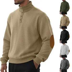 Mens Waffle Knit Sweatshirt Stand Collar Button Long Sleeve Casual Pullover With Elbow Patches