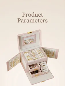 Detailed view of three-layer jewelry box organizer with mirror and open storage drawers