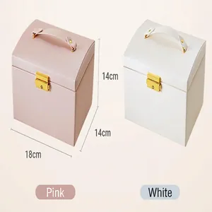Two elegant leather jewelry storage boxes in pink and white, size 18x14x14cm details