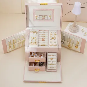 Jewelry Box PU Leather Multi Layer Organizer With Drawers Side Opening Wings Mirror Lockable Portable Storage Container