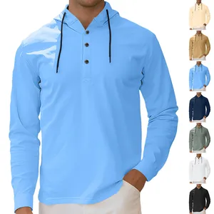 Men Long Sleeve Hooded Henley Shirt Casual Slim Fit Drawstring Pullover Solid Color Polyester Spandex Hoodie