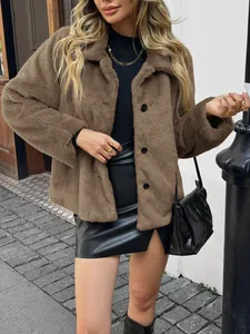 Elegant women's brown faux fur coat with lapels for autumn and winter street fashion