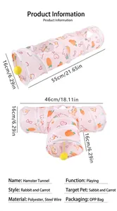 Foldable small pet tunnel for hamsters and rabbits with carrot pattern and dimensions.