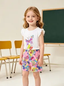 Ensemble de Vêtements d'Été pour Fillettes Manches Courtes Imprimé Papillon Top Blanc à Volants et Short Rose en Coton 2 Pièces