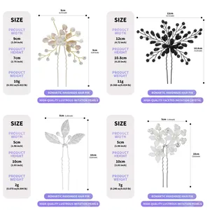 Detailed specification chart for handmade wedding hairpins with pearls and crystals.