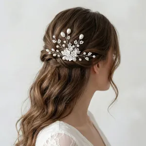 Elegant bridal hair pin with pearls and white flowers for wedding hairstyle