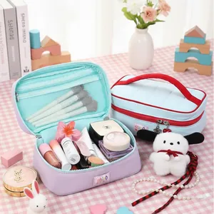 Portable large capacity travel makeup bag with internal mesh pockets and zipper
