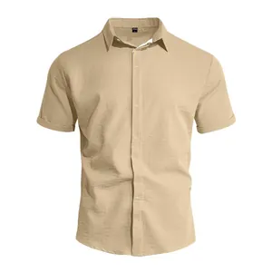 Men's casual short sleeve button-up shirt in khaki with a classic collar design view