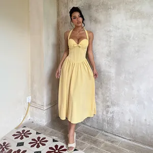 Halter Midi Dress Polyester Bow Decor Corset Waist A-Line Flare Sexy Sleeveless Evening Party Gown For Women