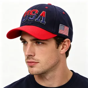 Close-up of vintage USA flag baseball cap with 3D embroidery on male model