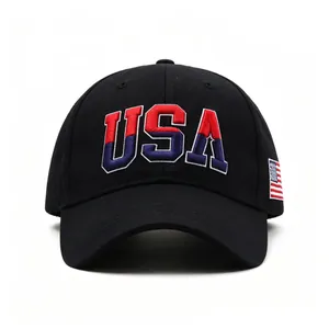 Premium black cotton baseball cap with 3D USA embroidery and American flag side patch