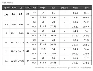 Guide des tailles complet pour haut en dentelle à manches longues avec mesures en CM et INCH
