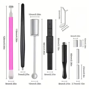 Detailed dimensions and measurements of various cat eye nail art magnetic tools and magnets