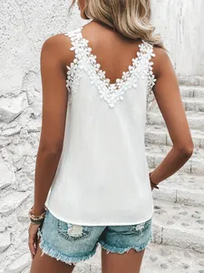 Elegant white V-neck sleeveless top for women featuring floral lace trim shown from the back view