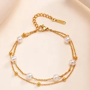 Lagiges Edelstahl Armband Mit Künstliche Perlenimitation Und Goldperlen 18K Vergoldeter Eleganter Modeschmuck Für Damen