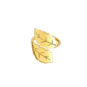 Elegant minimalist 18k gold plated titanium steel leaf shaped bypass ring for women