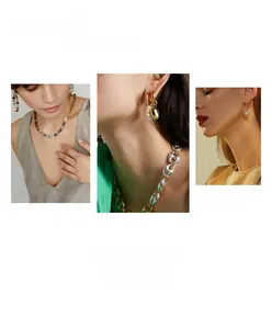 Lifestyle collage showing elegant models wearing natural stone drop earrings and necklace.