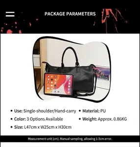 Detaillierte Größen-, Gewichts- und Materialangaben für die schwarze Vintage-PU-Leder-Reisetasche.