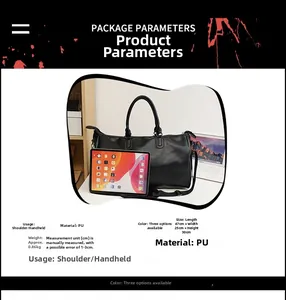 Detailed size, weight and material specifications for the black vintage PU leather travel bag.